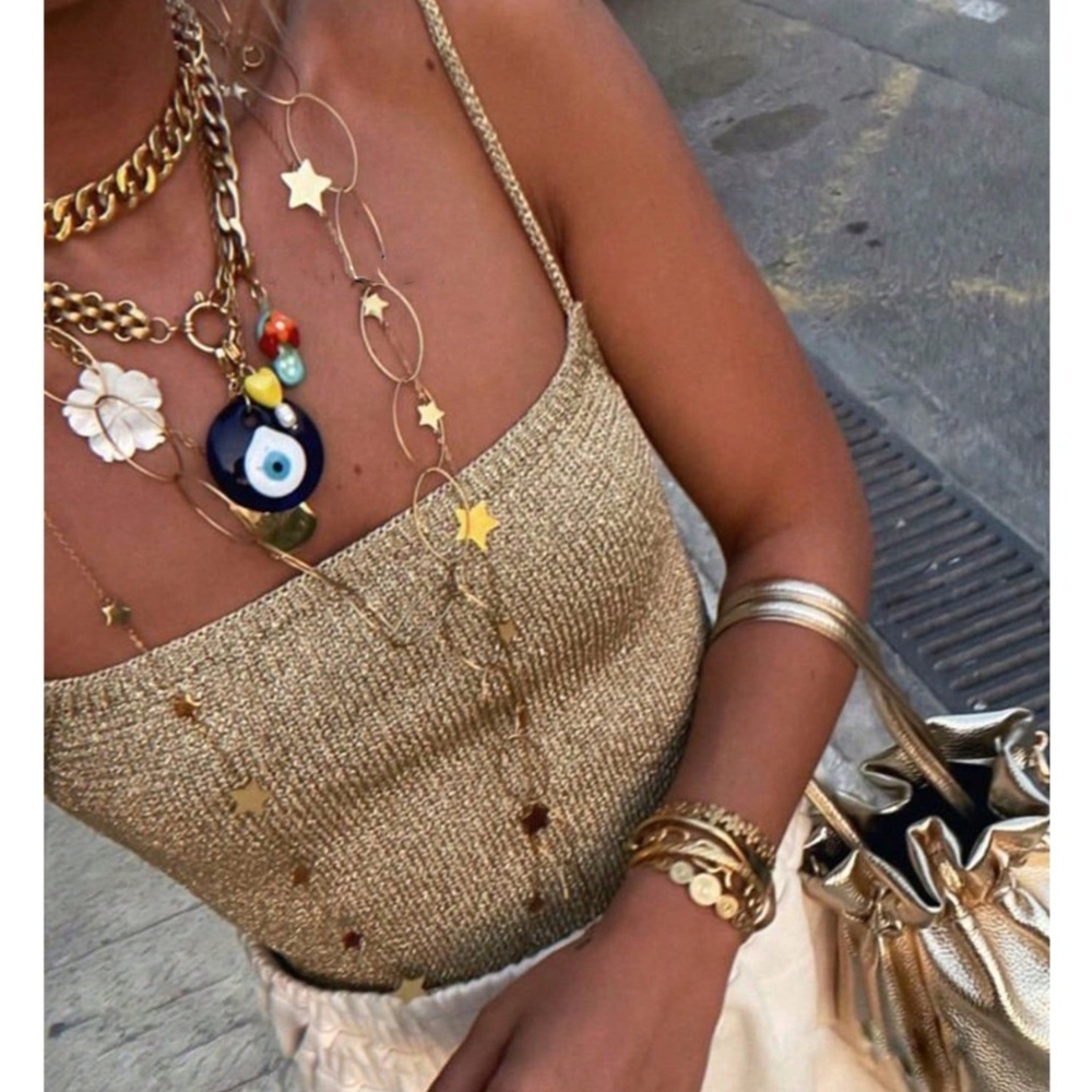 Gold Tan Knit Lurex Sparkly Threads Camisole Crop Top